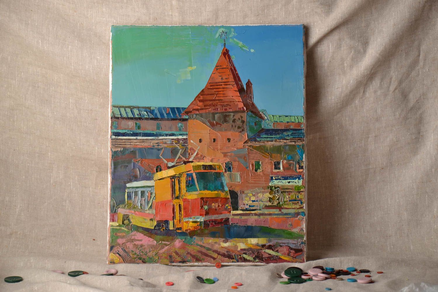 Gemälde in Öl und mit Palettenmesser Straßenbahn foto 1