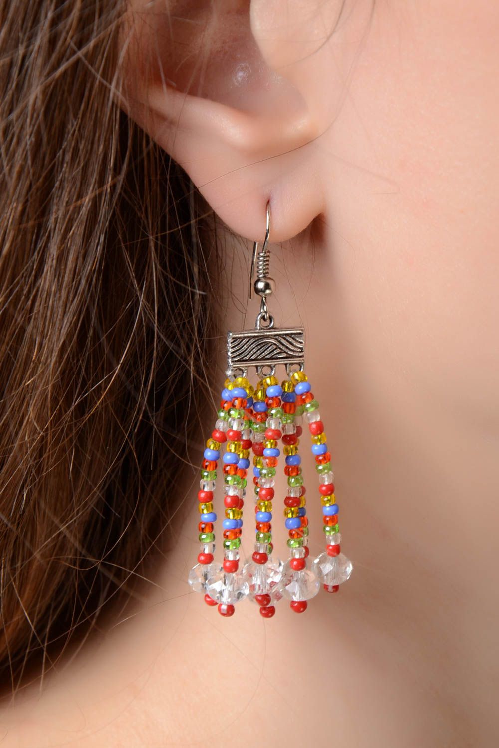 Multicolored handmade designer earrings with fringe woven of Czech beads photo 1