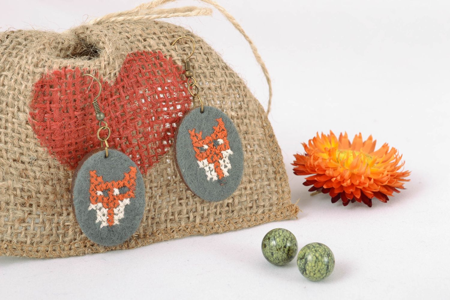 Handmade wooden earrings with embroidery Fox photo 1