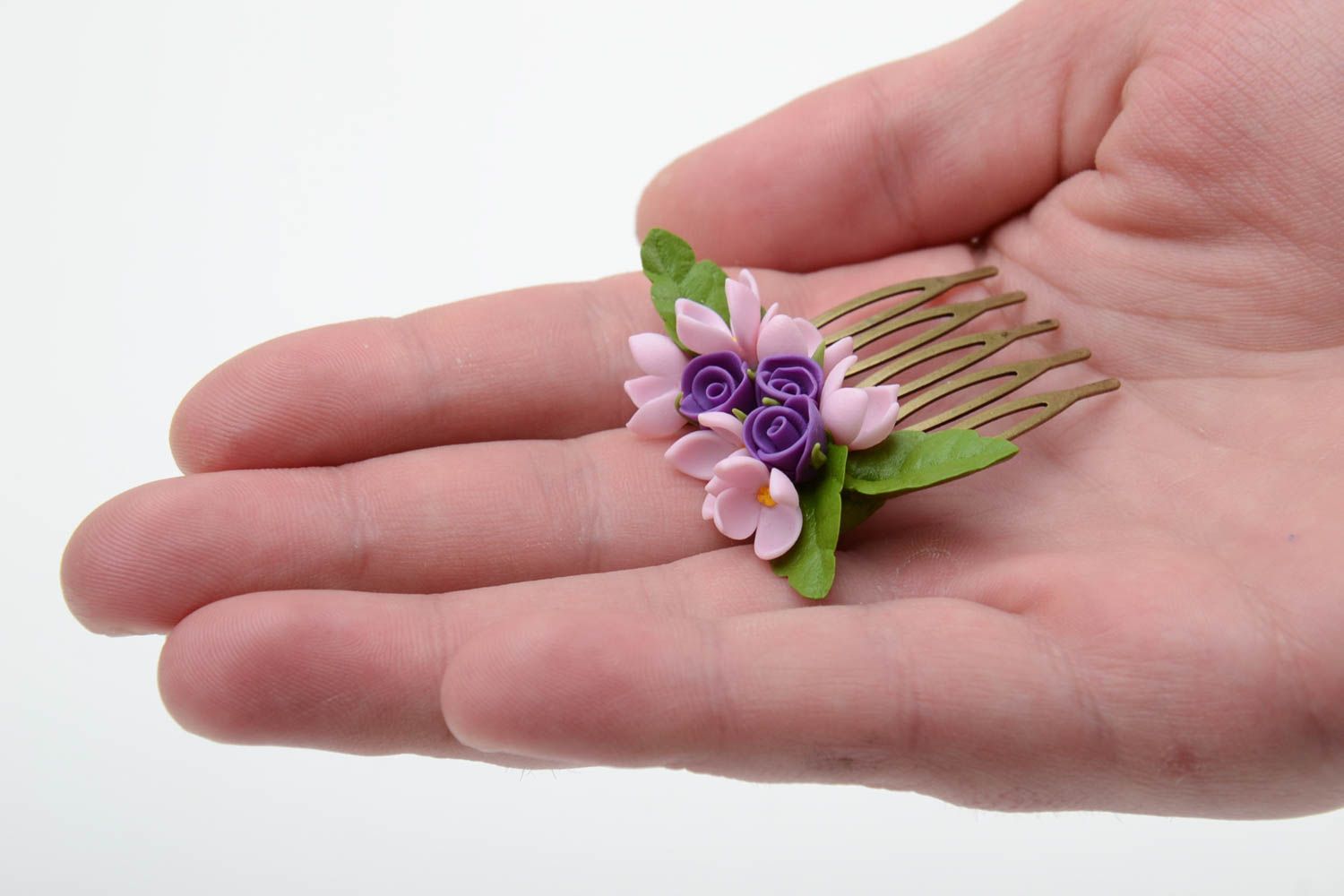 Handmade decorative hair comb with cold porcelain roses and lilac flowers photo 2