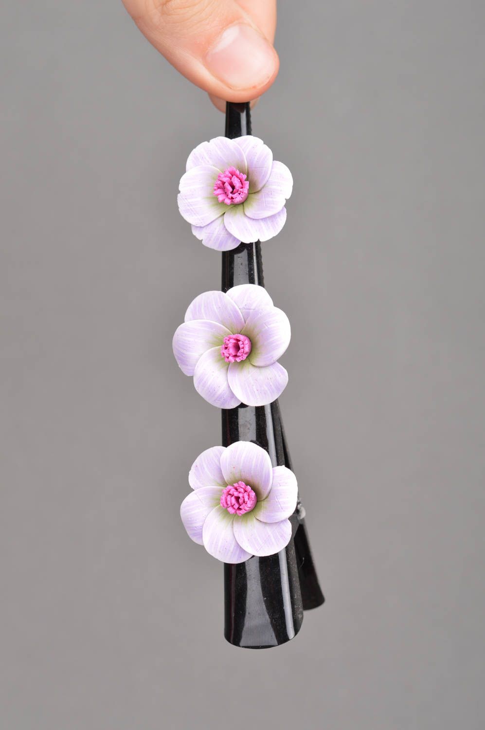 Handmade long metal hair clip with 3 tender polymer clay white and pink flowers photo 2