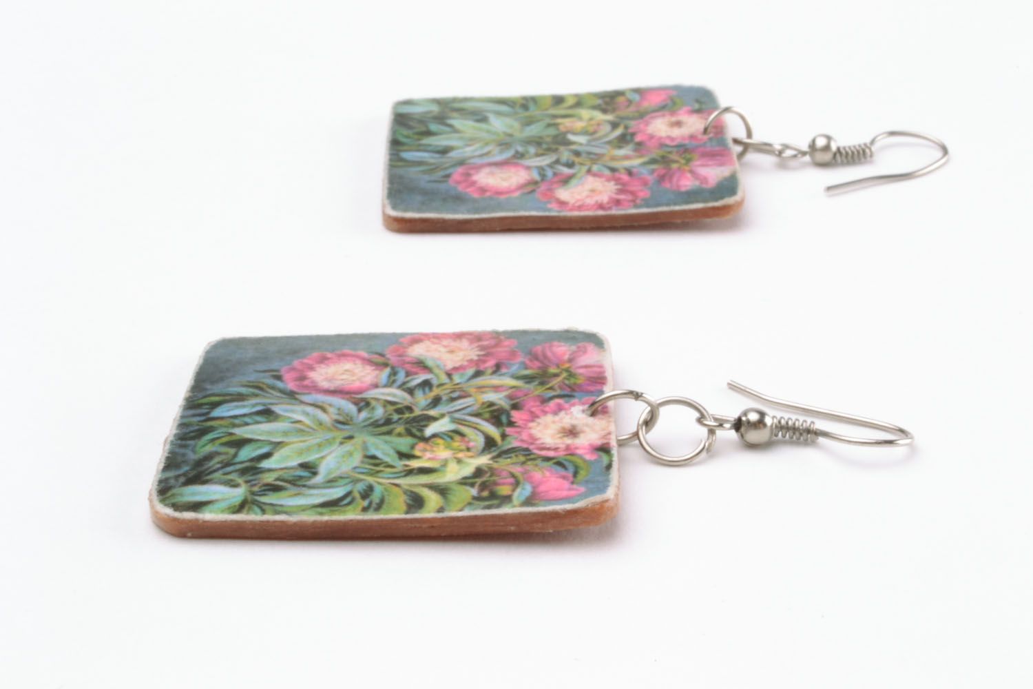 Square earrings made of polymer clay Peonies photo 3