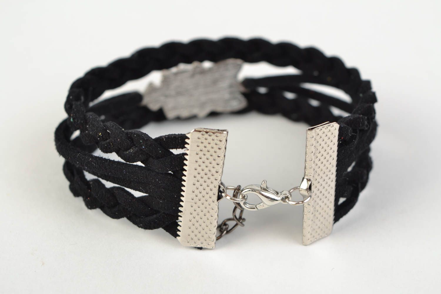 Handmade designer black woven suede cord bracelet with charm in the shape of owl photo 4