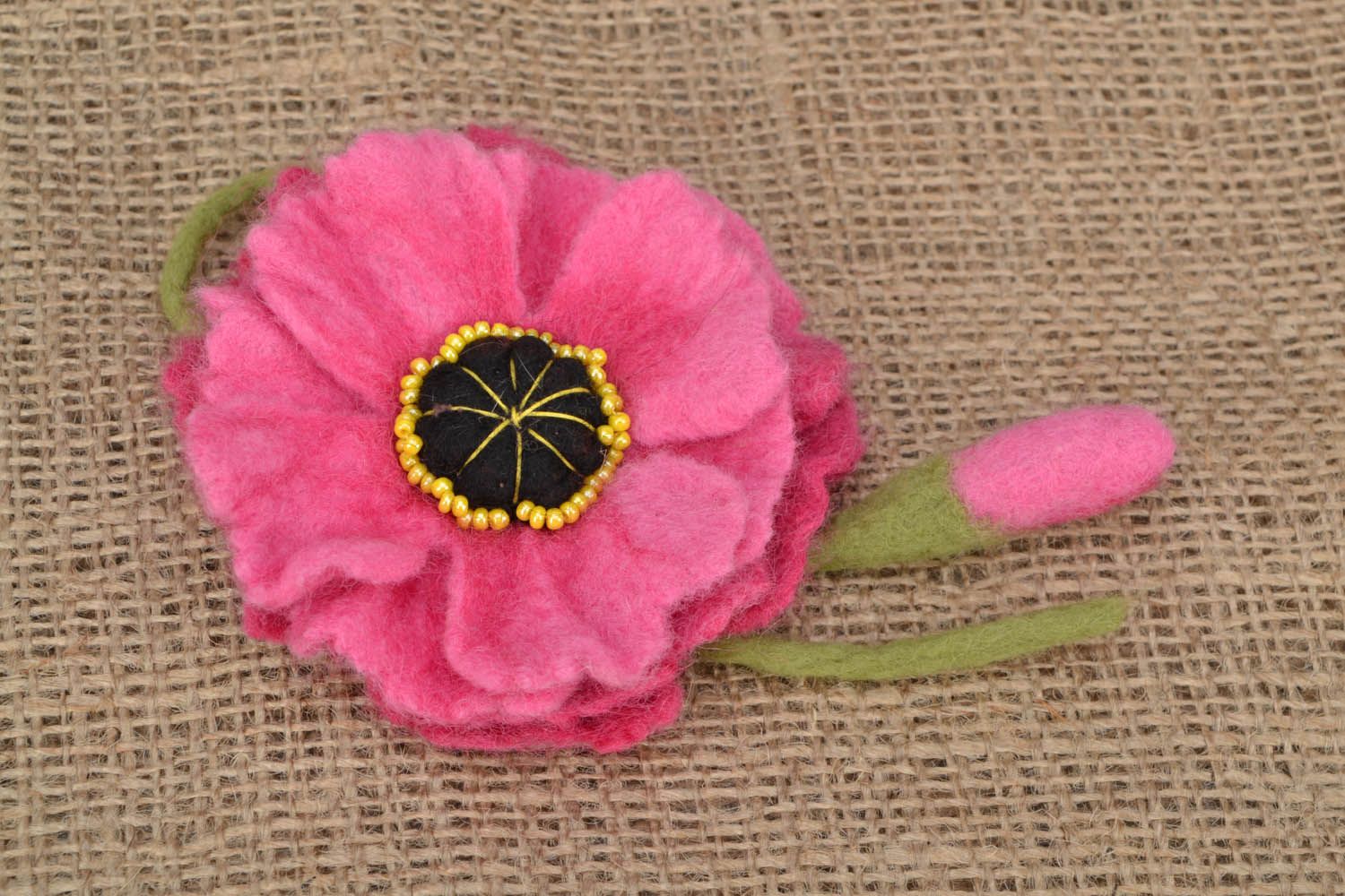 Woolen brooch Pink flower photo 1