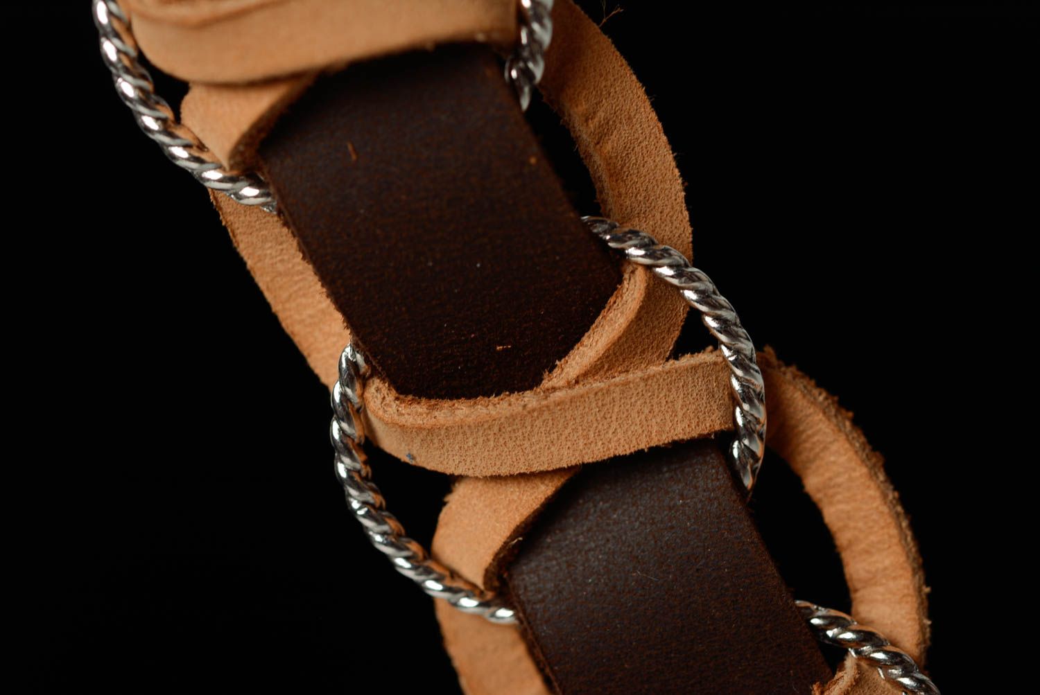 Unusual handmade designer brown genuine leather wrist bracelet photo 5