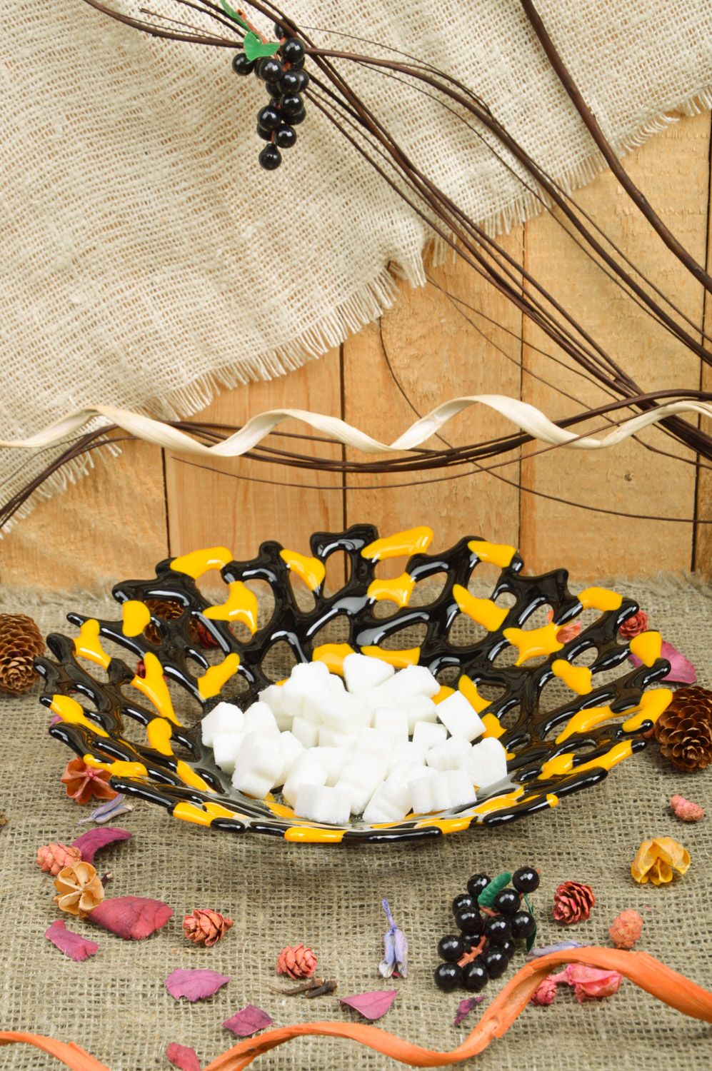Large decorative handmade fused glass fruit bowl of yellow and black colors  photo 1