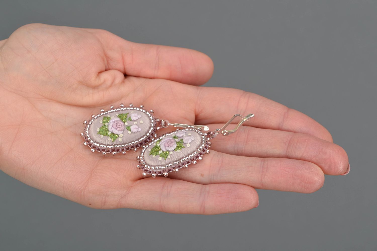 Handmade oval embroidered earrings with beads Nacre photo 2