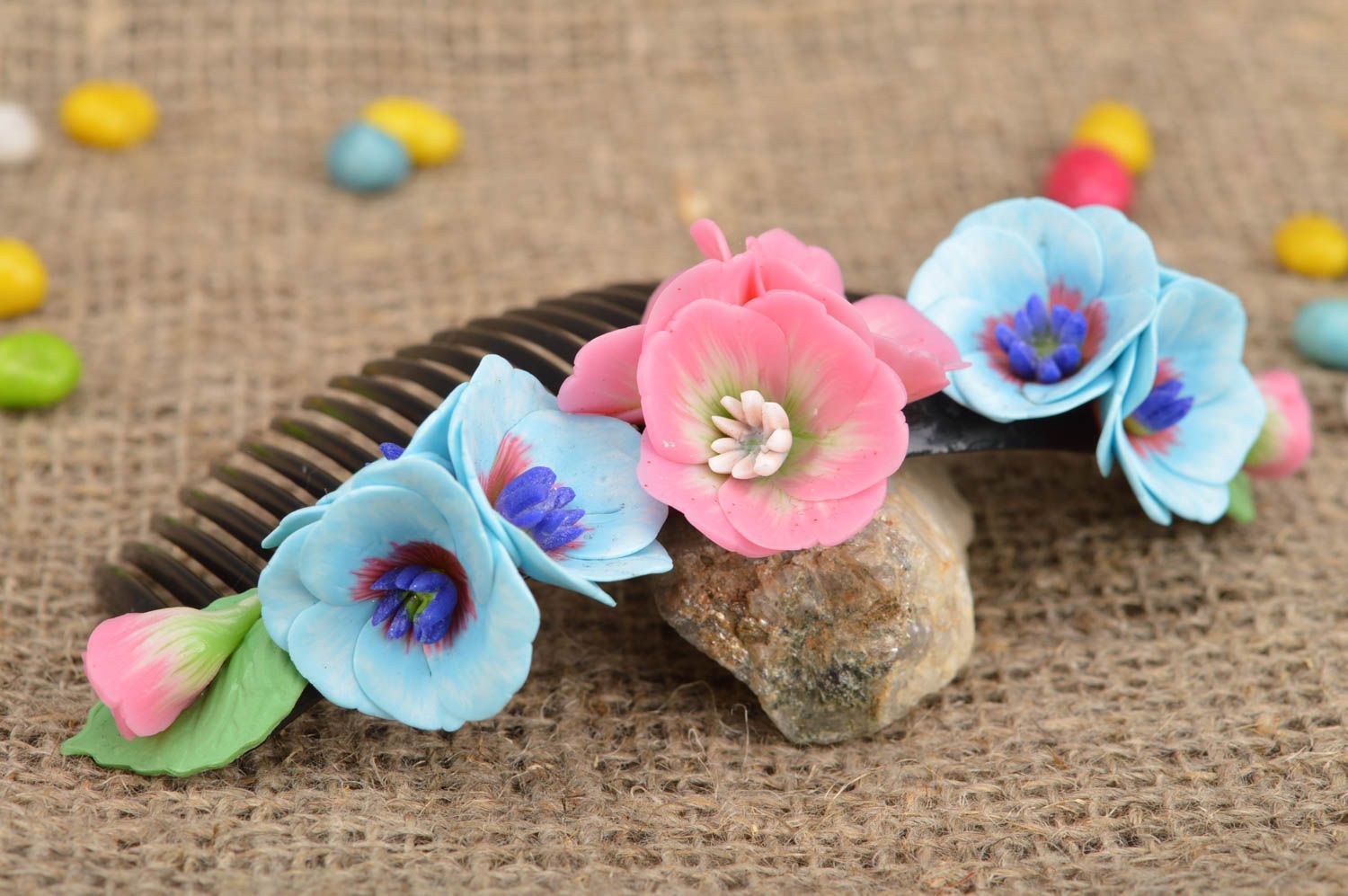 Handmade comb for hair of tender design with flowers made of polymer clay photo 1