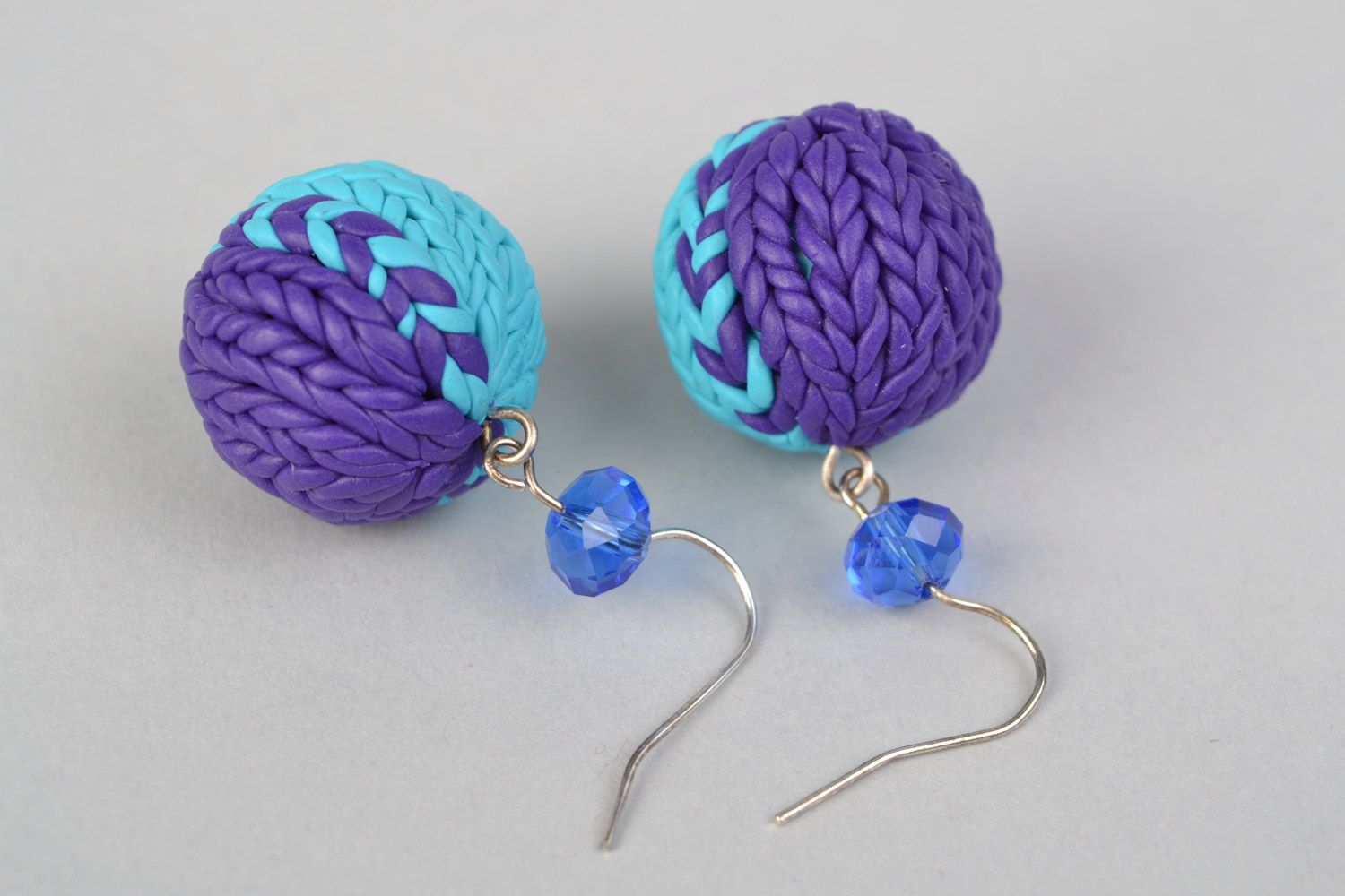Handmade polymer clay earrings with dangling balls of blue and lilac colors photo 3