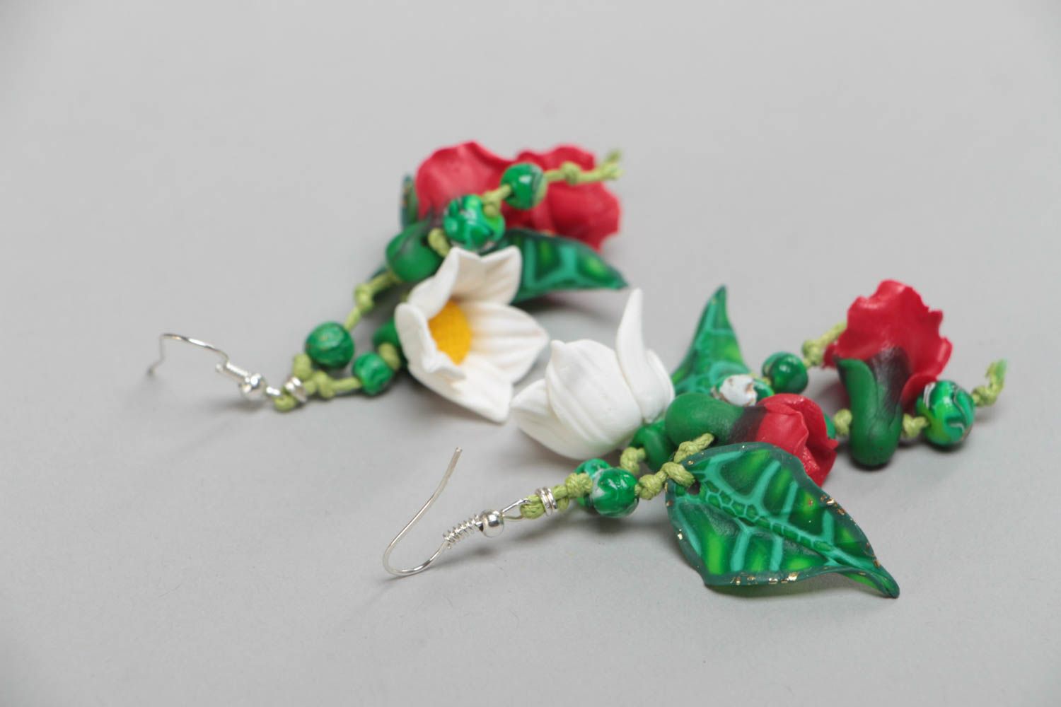 Flower earrings made of polymer clay long beautiful colored handmade jewelry photo 4