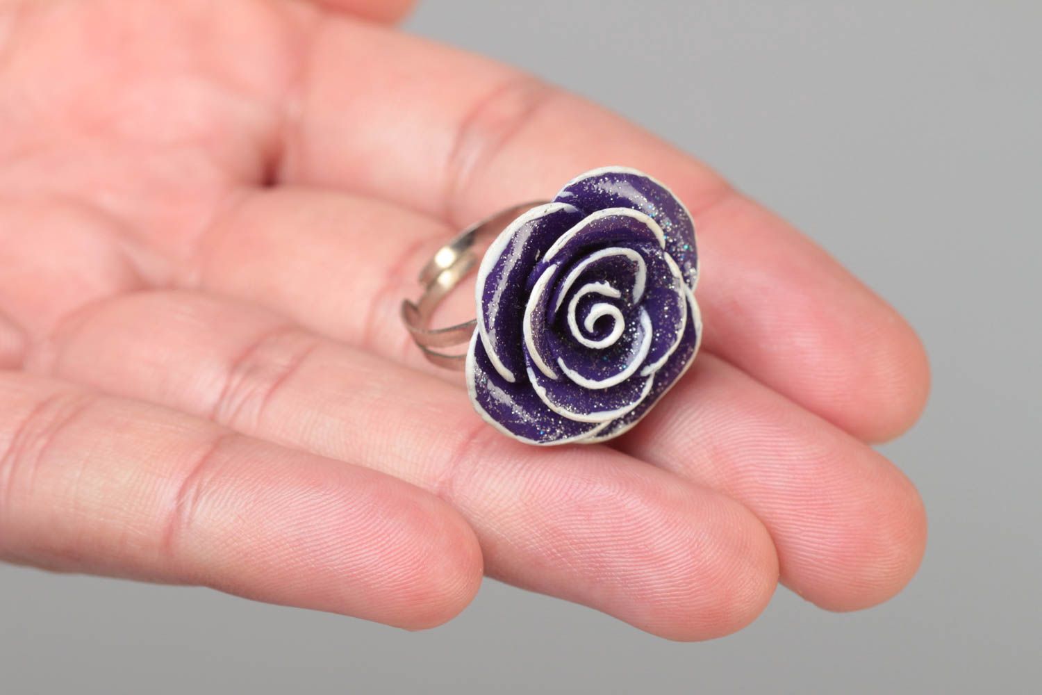 Handmade designer jewelry ring on metal basis with polymer clay violet flower photo 5