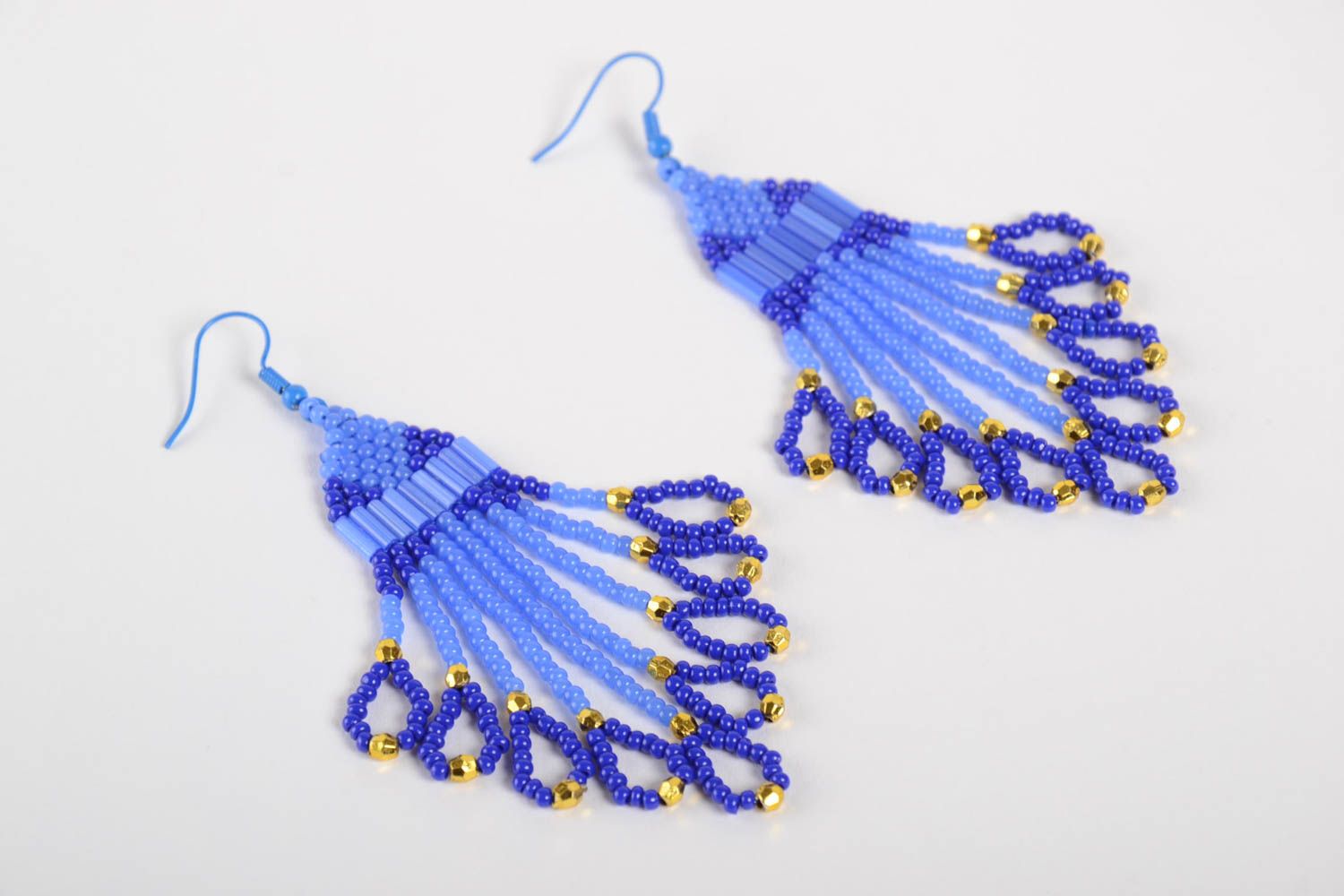 Longues boucles d'oreilles en perles de rocaille bleues faites main pour femme photo 3