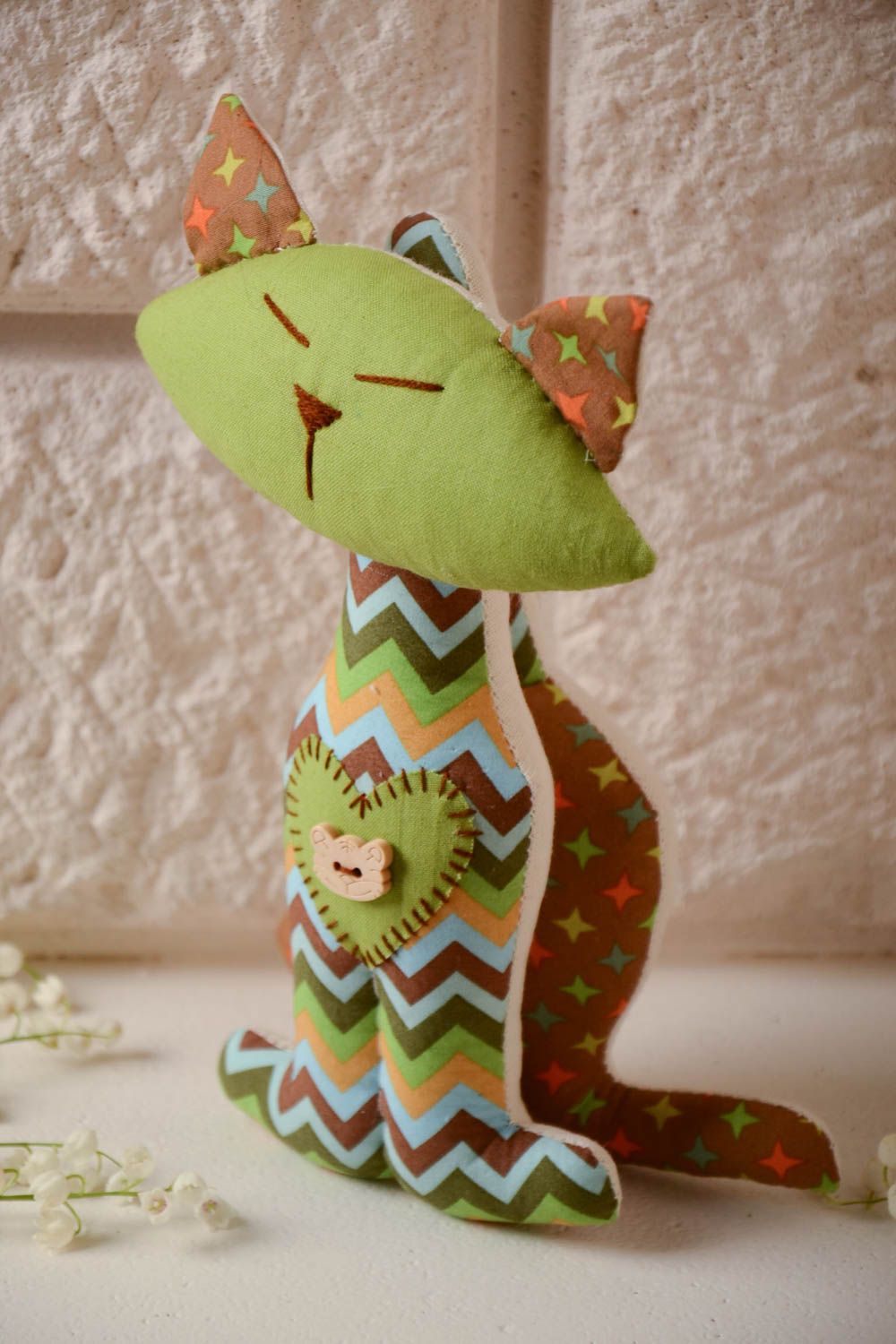 Handmade designer green and brown pattern cotton fabric soft toy cat for kids photo 1