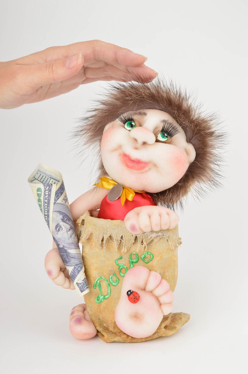 Авторская кукла игрушка ручной работы дизайнерская кукла с долларами на удачу фото 5