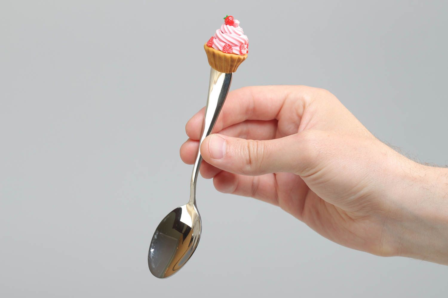Handmade dessert spoon with handle decorated with small bright polymer clay cake  photo 4