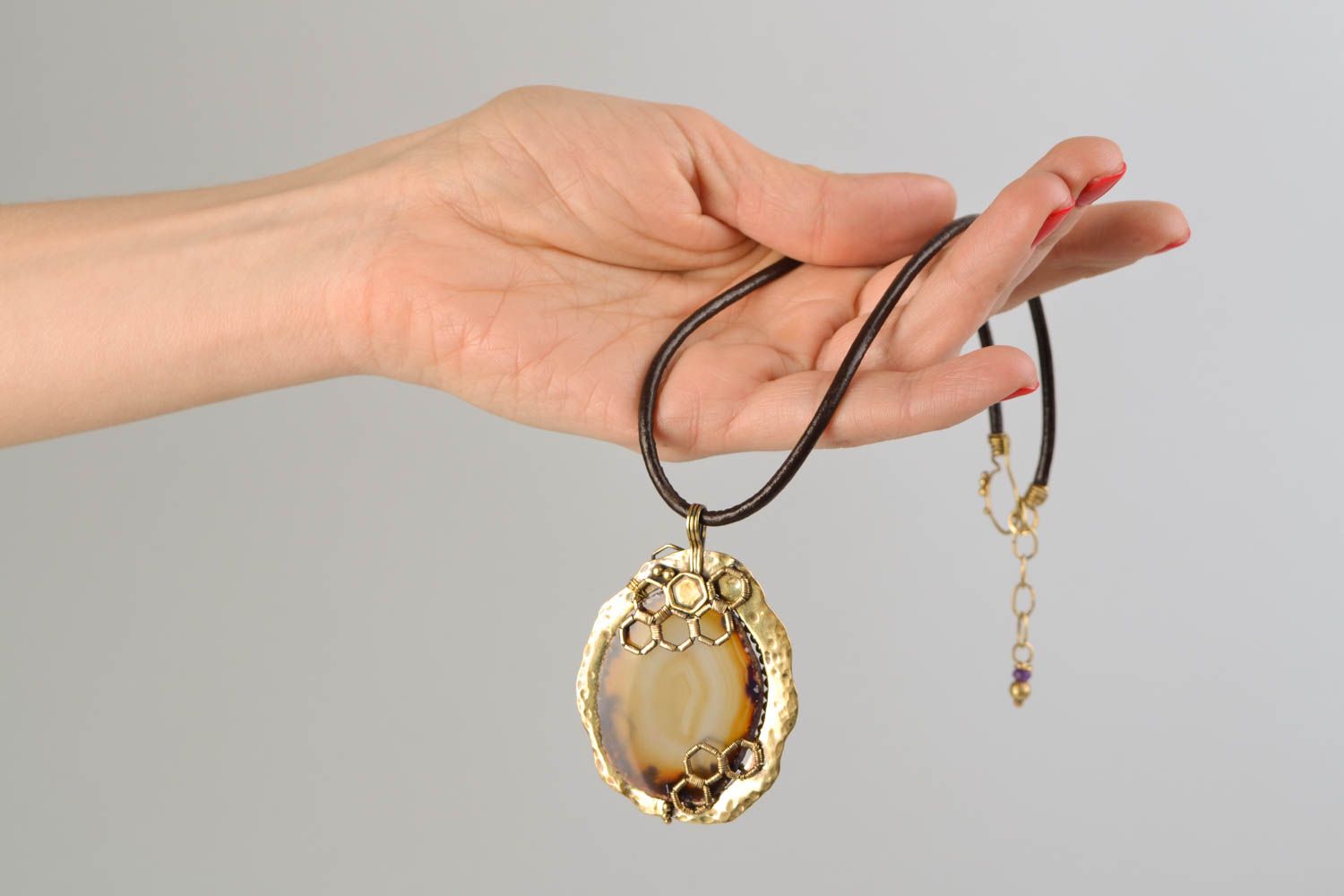 Latten pendant with natural stone and cord photo 2
