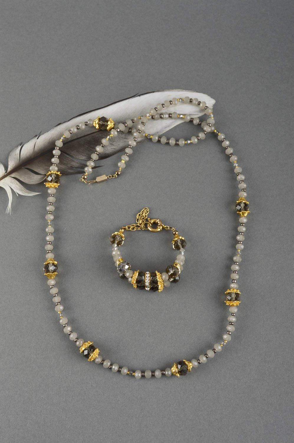 Handmade crystal beaded necklace and bracelet unique designer jewelry present photo 1