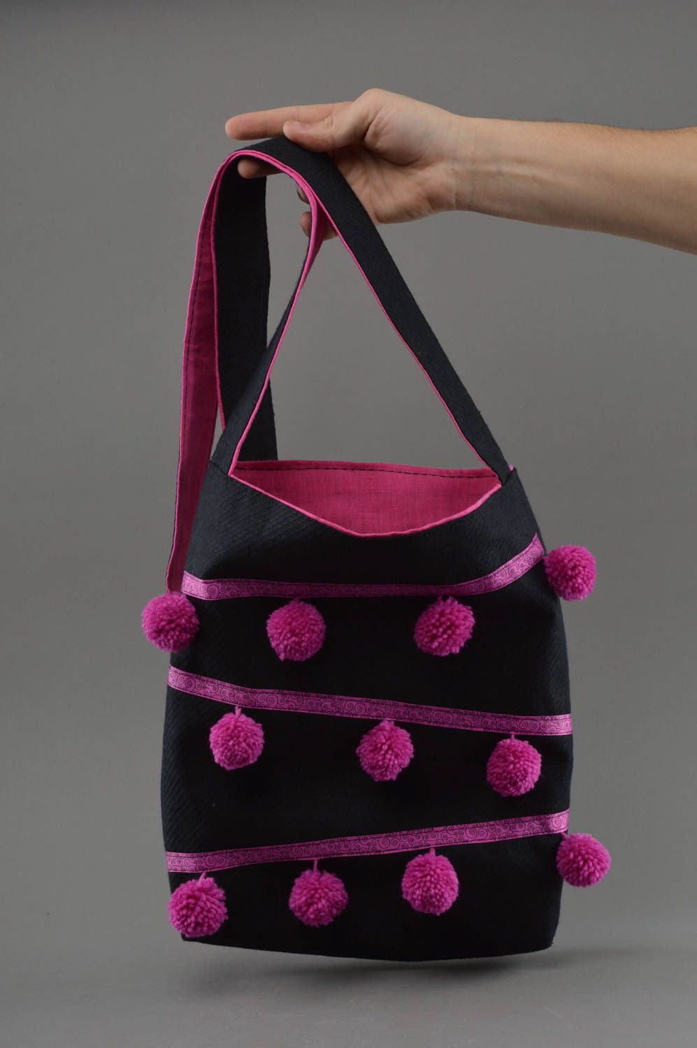 Black and crimson handmade designer linen fabric shoulder bag with pompoms photo 4