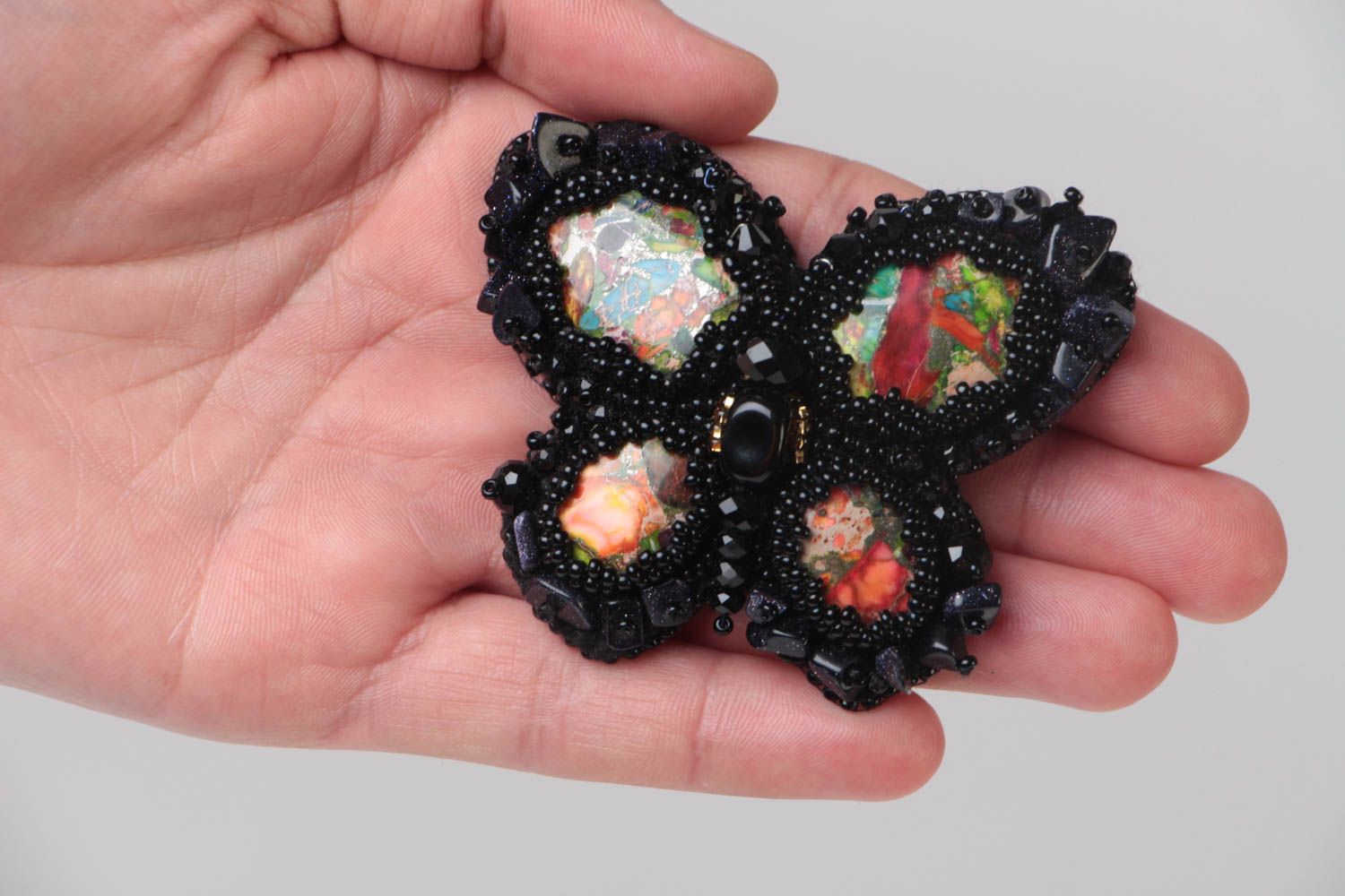 Handmade designer black brooch embroidered with beads and crystals Butterfly photo 5