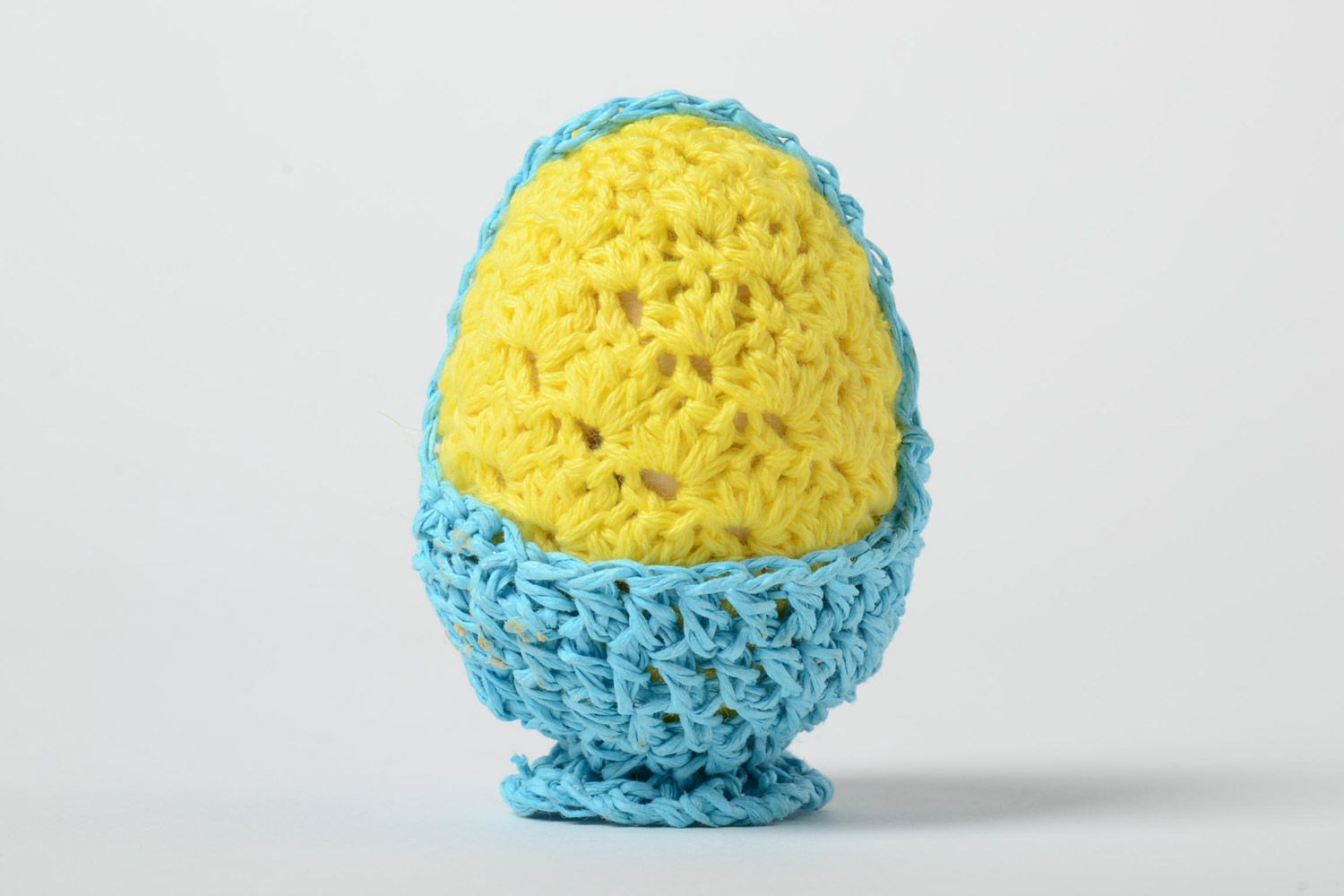 Handmade decorative wooden Easter egg crochet over with yellow and blue threads photo 2
