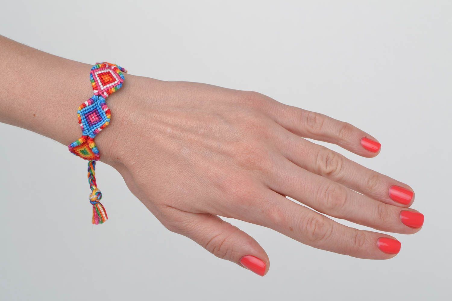 Unusual bright handmade macrame woven friendship bracelet with ties photo 2