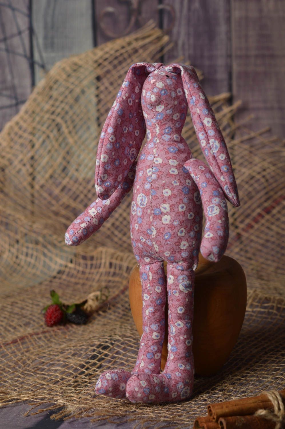 Jouet fait main Peluche lapin rose à motif floral en tissu beau Cadeau enfant photo 1