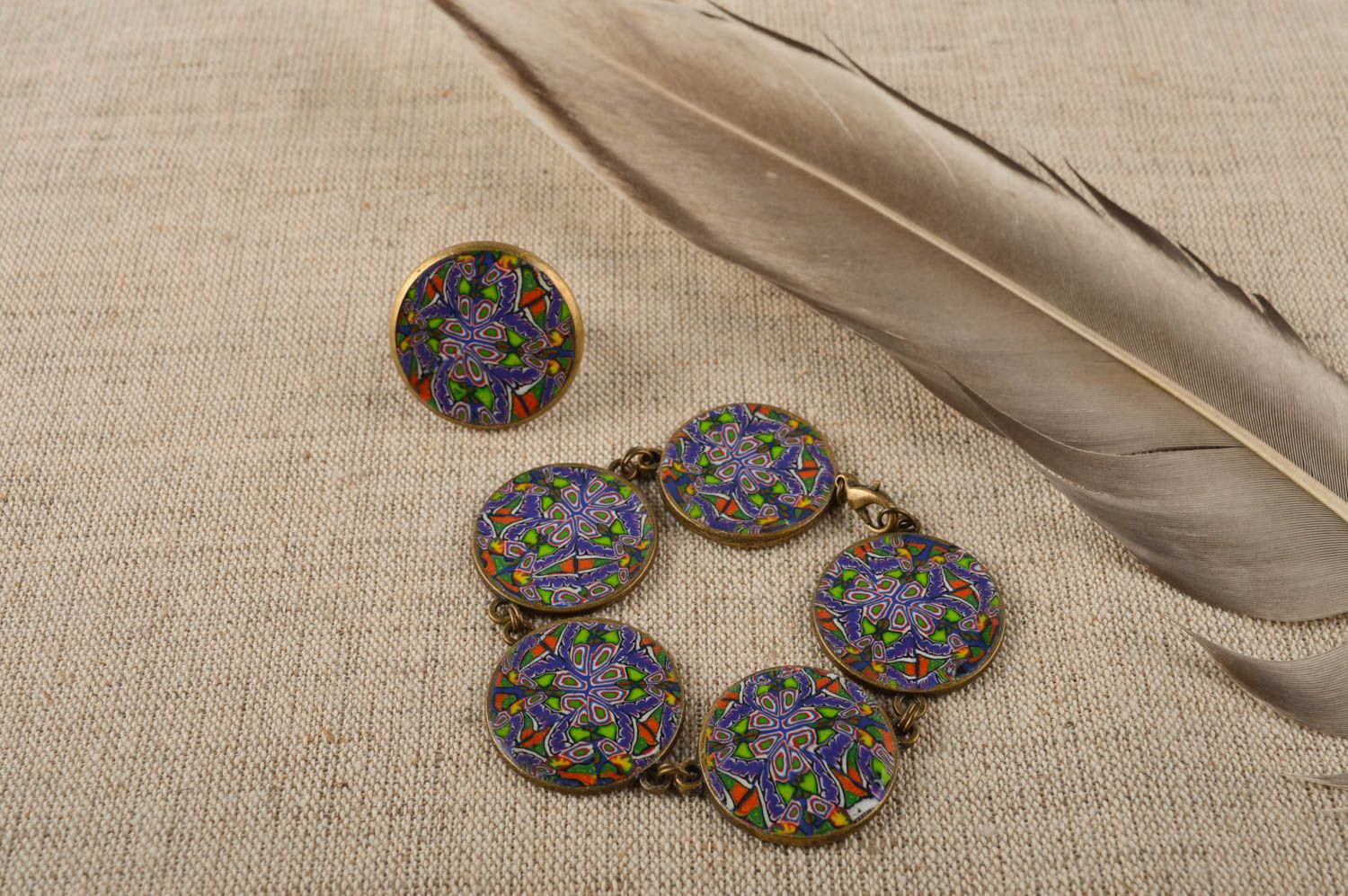 Bijoux pâte polymère Bracelet fait main Bague femme avec motifs multicolores photo 1