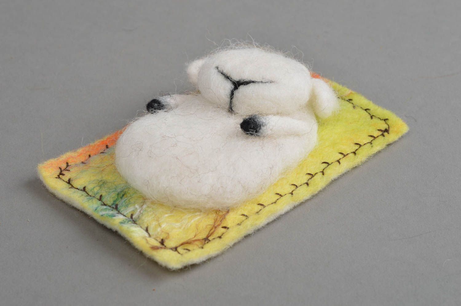 Unusual beautiful handmade woolen fridge magnet in shape of white sheep photo 2