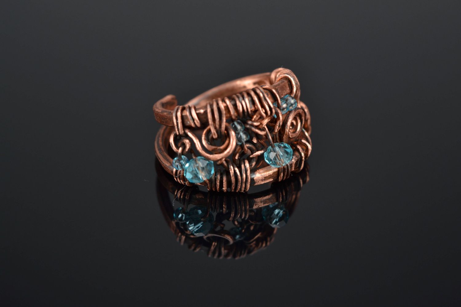 Lacy copper ring with blue crystal wire wrap technique photo 1