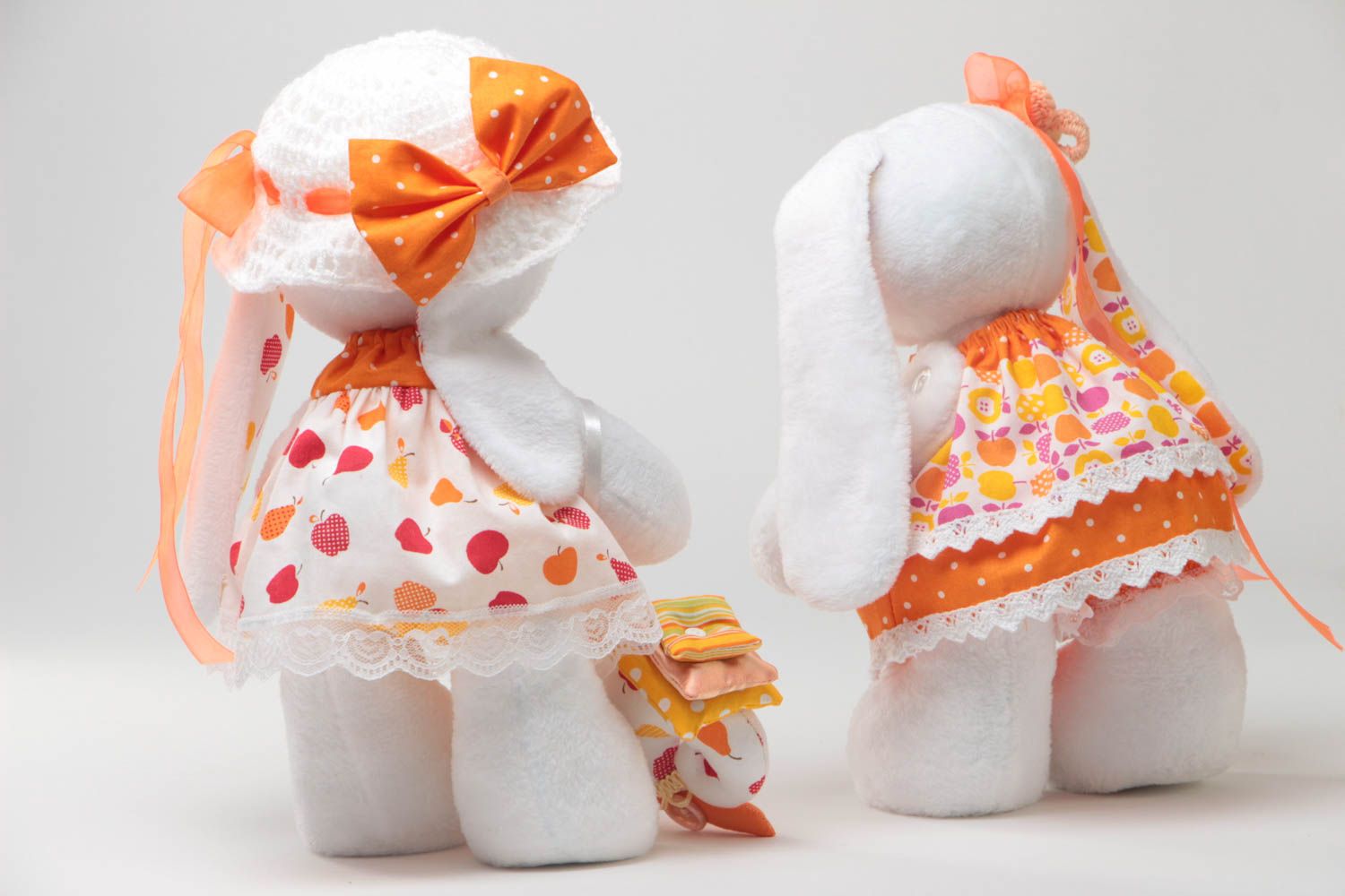 Set of handmade children's fabric soft toys 2 pieces Hares in Dresses photo 4
