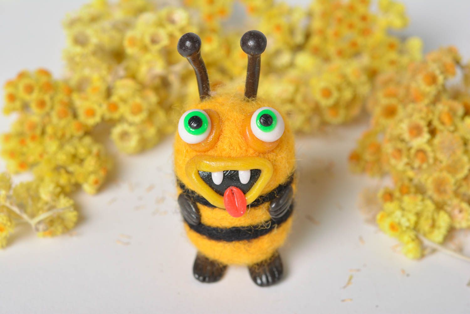 Polymer clay handmade figurine of bee designer wool felted toy unusual present photo 1