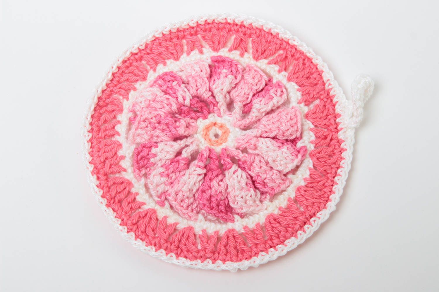 Handmade rosa Topflappen gehäkelt Küchen Textilien Haus Deko grell rund foto 2