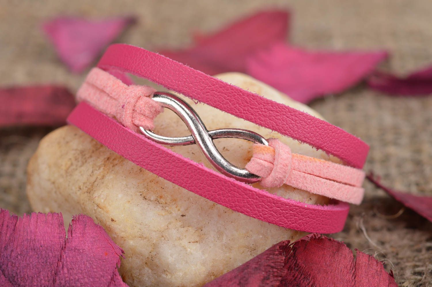 Handmade designer pink wide leather and suede bracelet with infinity sign photo 1