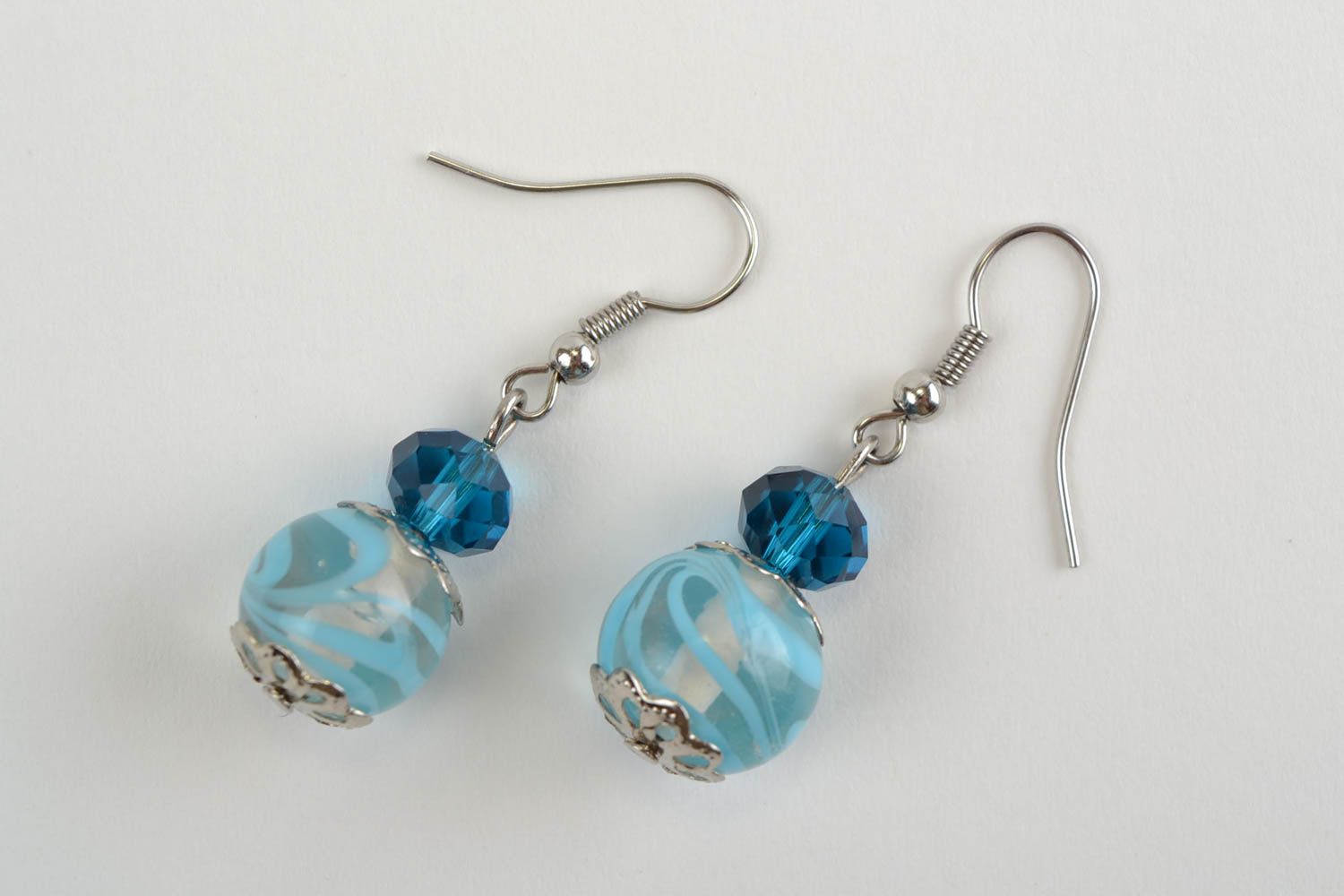 Beautiful gentle blue handmade designer long glass bead earrings photo 3