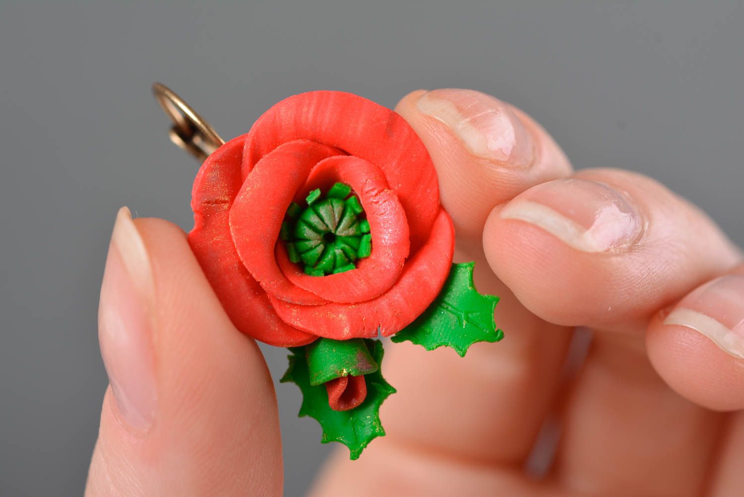 Handmade bright polymer clay dangling floral earrings Red Poppies photo 3