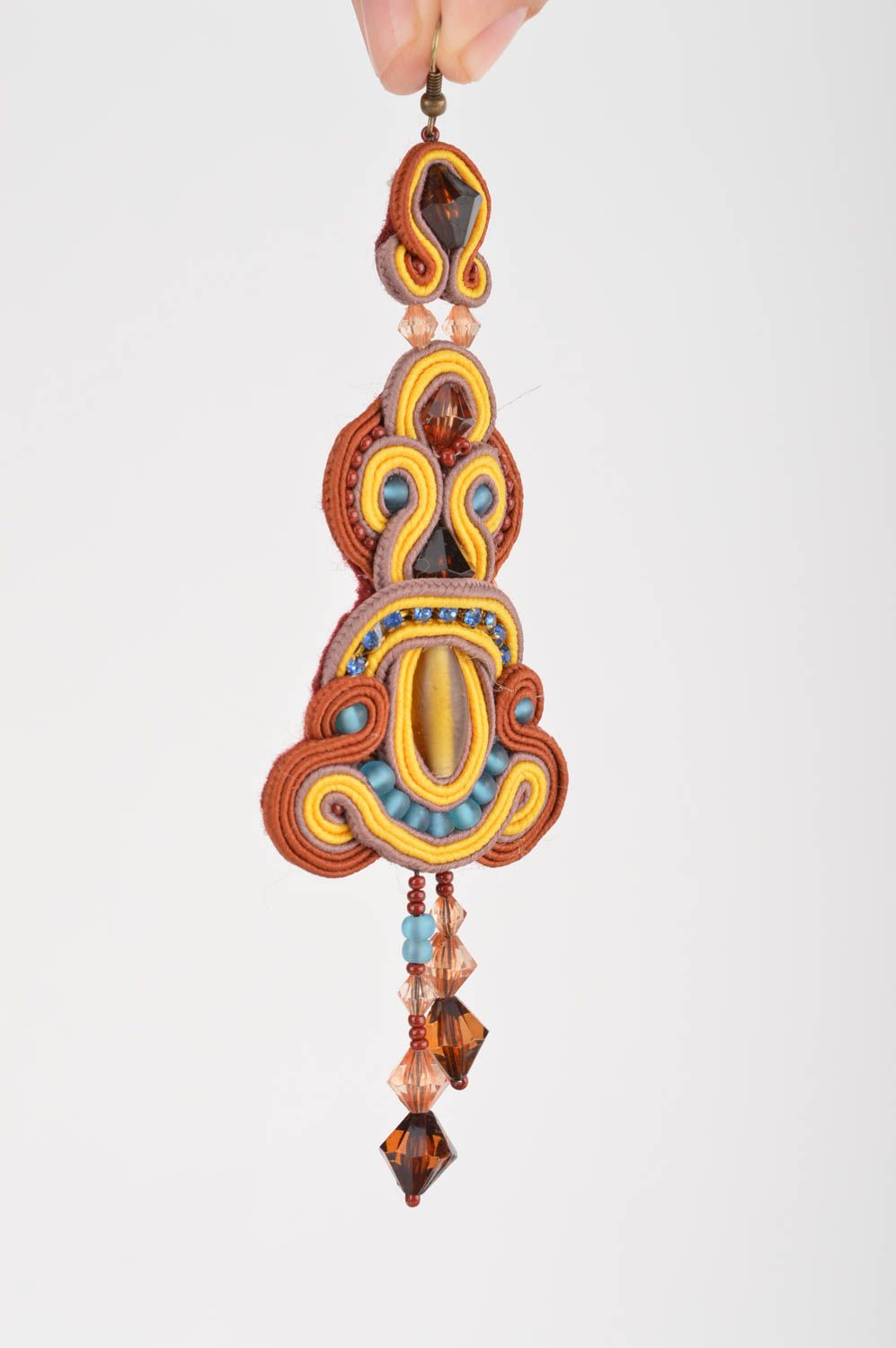 Handmade long dangle soutache earrings brown and yellow designer jewelry photo 3