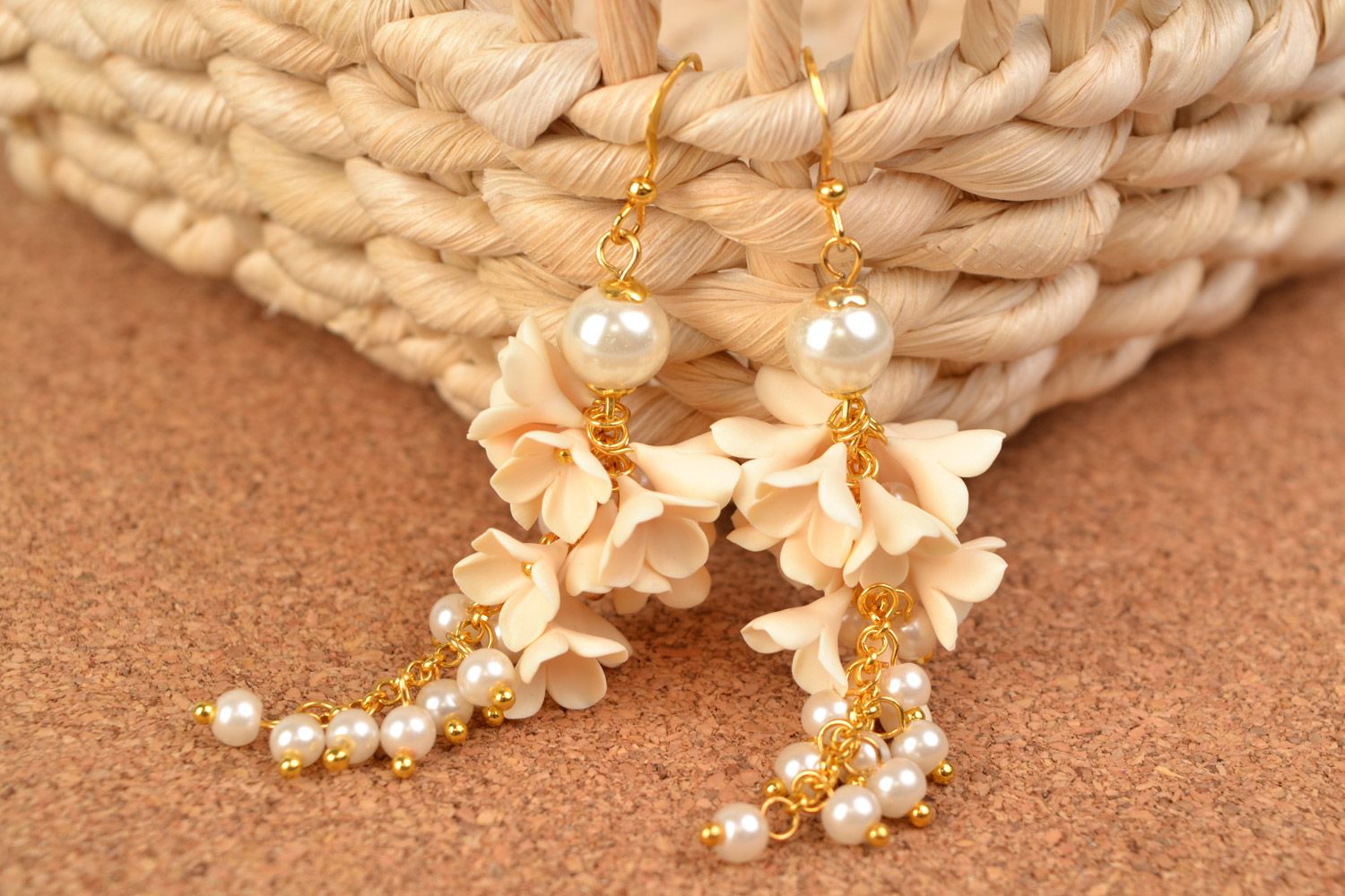 Handmade wedding dangling earrings with polymer clay flowers of cream color photo 1