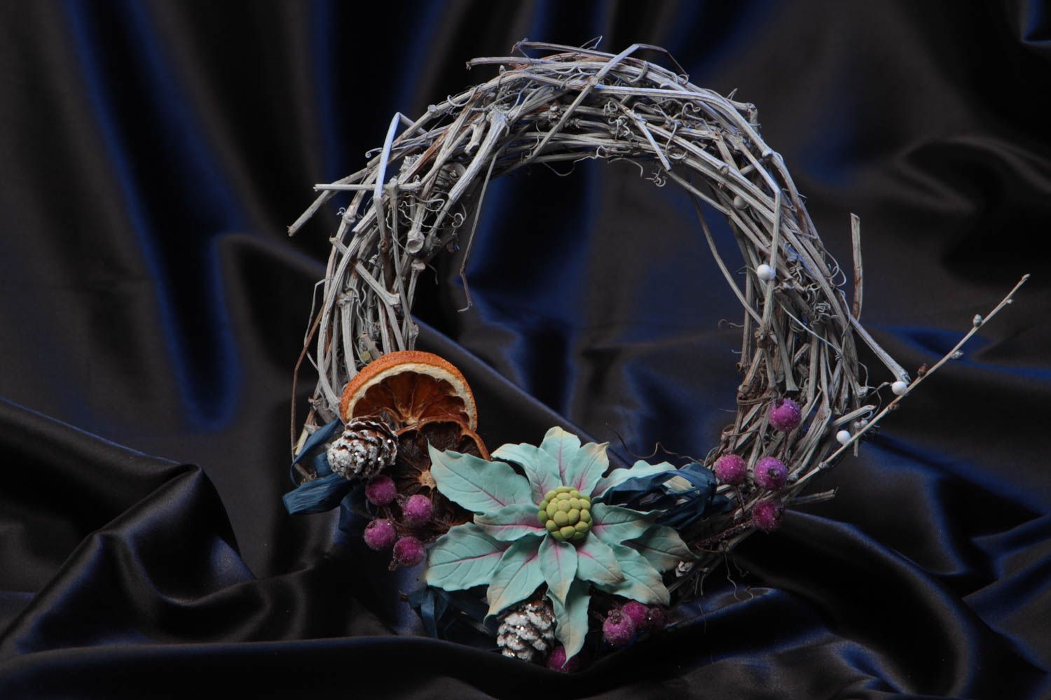 Beautiful handmade wicker door wreath with polymer clay flowers for home decor photo 1