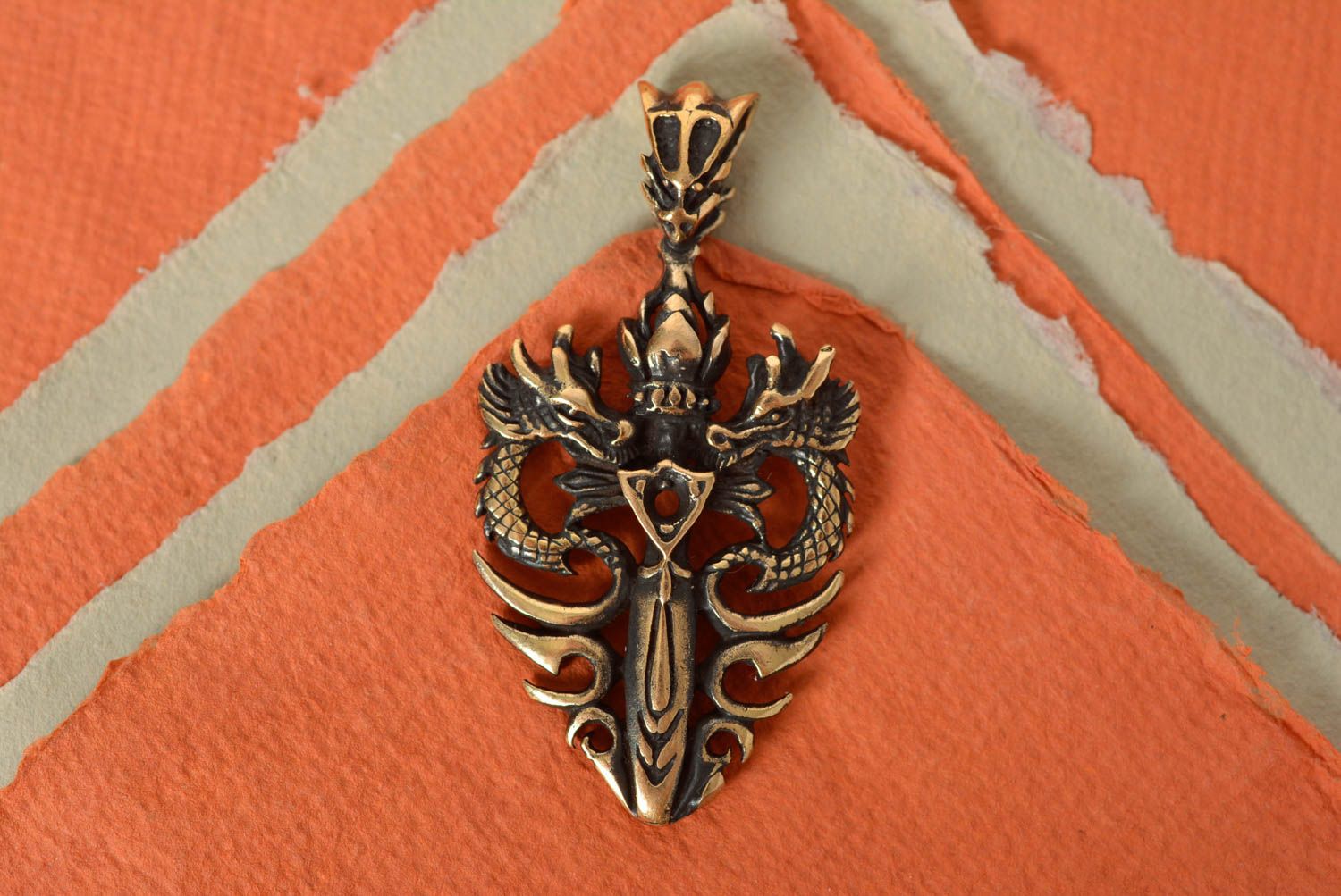 Handmade unisex cast bronze pendant in the shape of dragon sword unisex photo 3