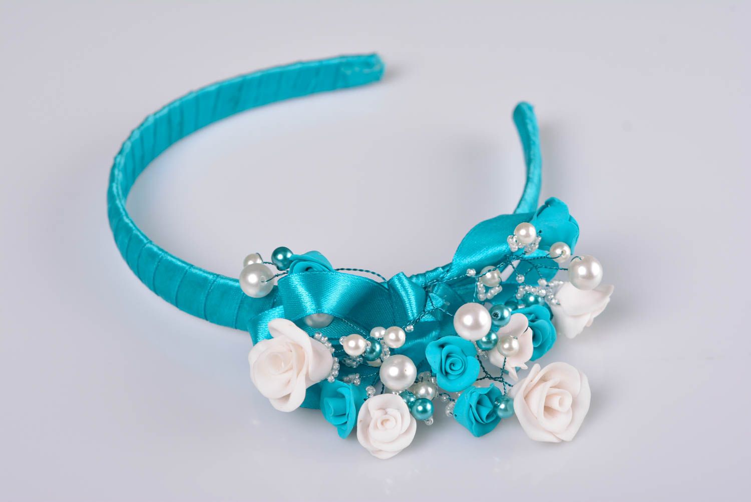 Blauer feiner handgemachter Haarreif aus Foamiran mit Blume schöner Schmuck foto 1