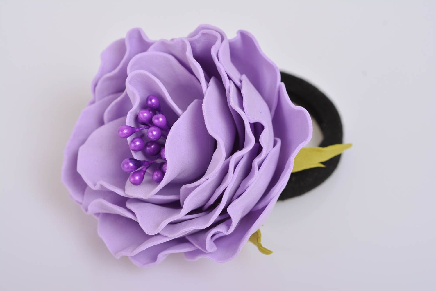 Handmade decorative hair tie with foamiran rose flower of tender violet color photo 2