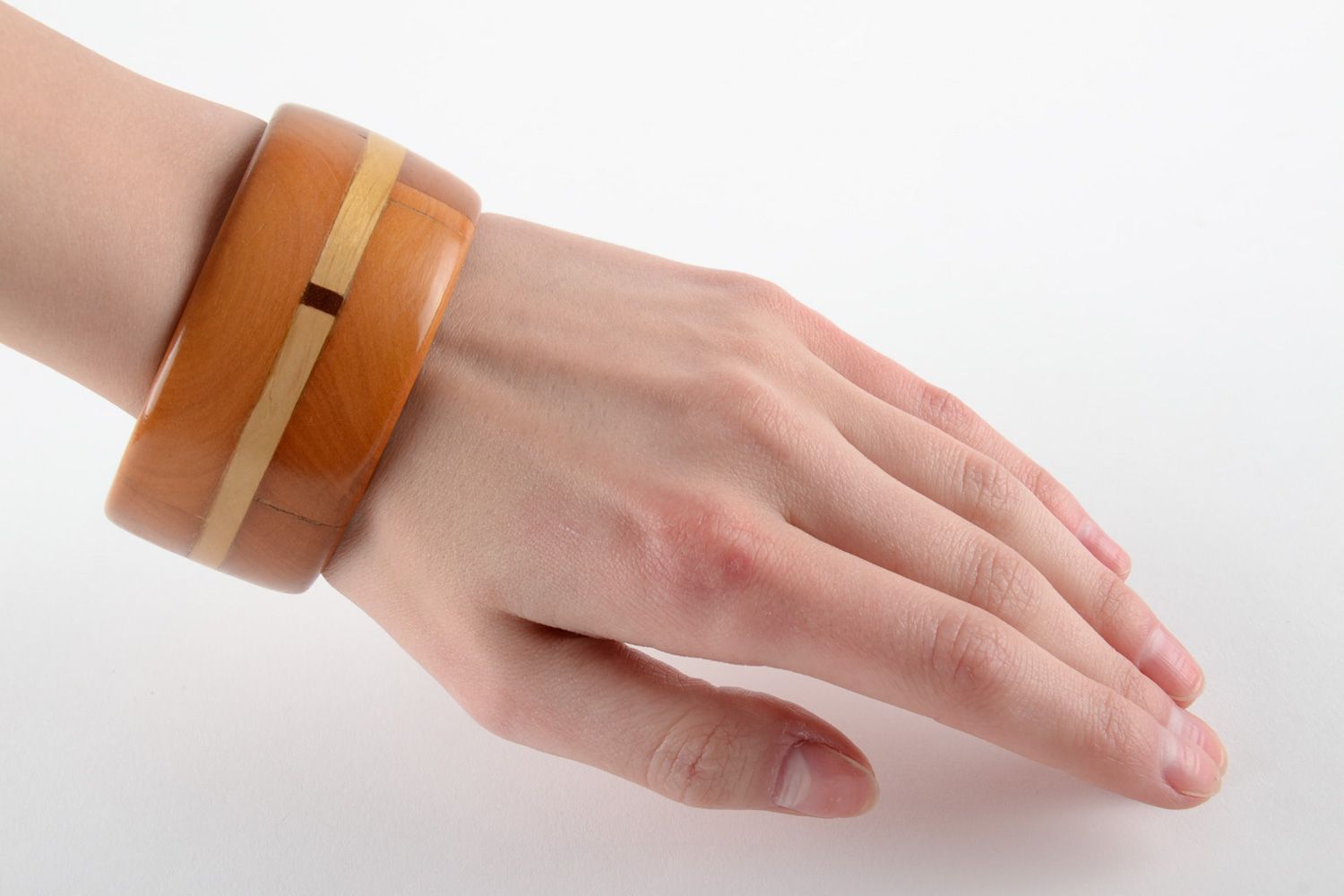 Wide handmade varnished tinted wooden wrist bracelet with inlay for women photo 5