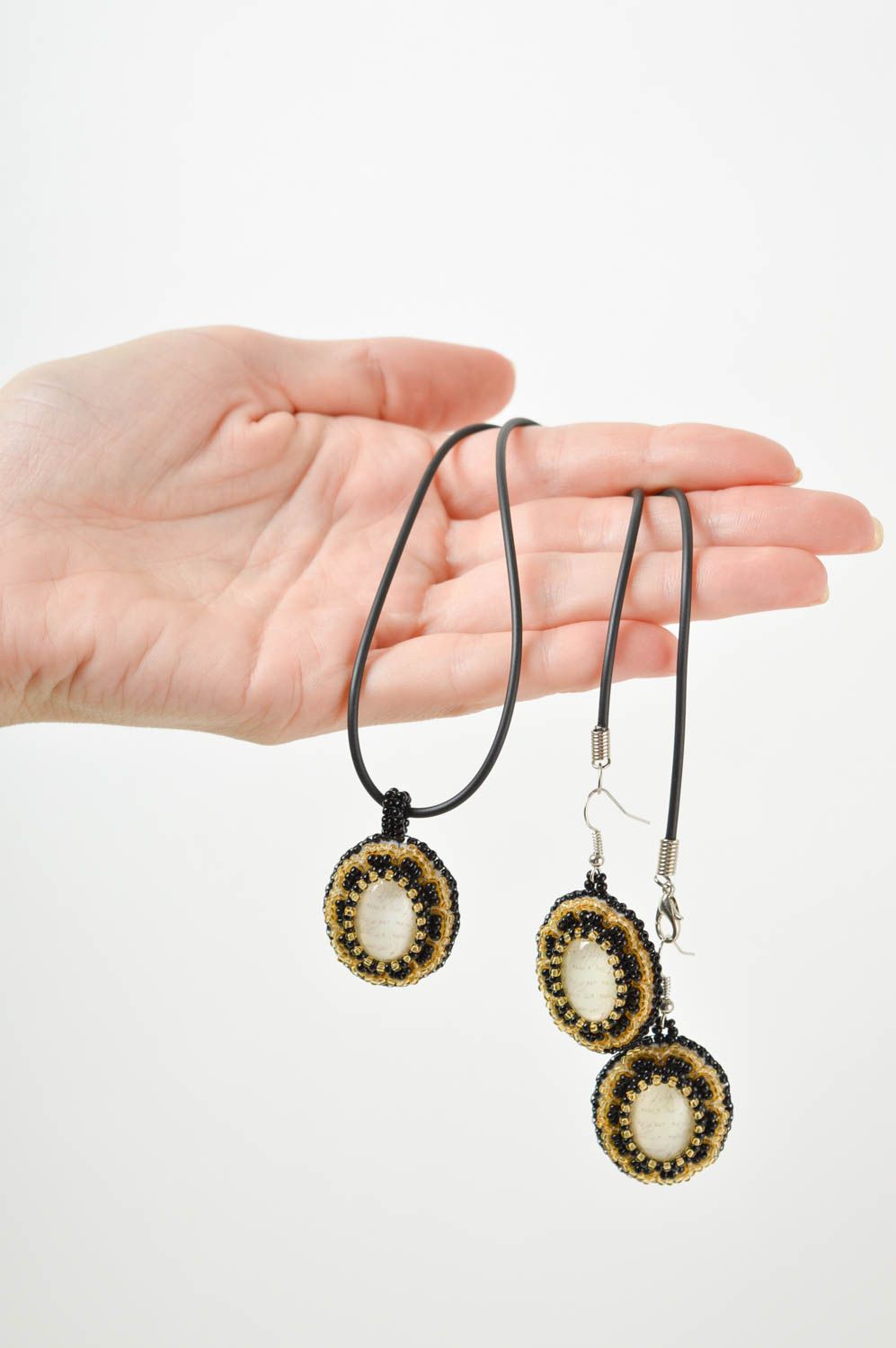Beautiful handmade cabochon earrings pendant necklace metal jewelry set photo 5