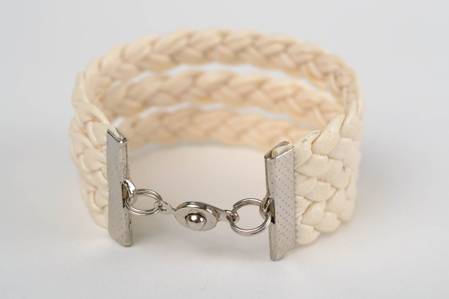 Beautiful handmade wide braided faux leather wrist bracelet of light color photo 4