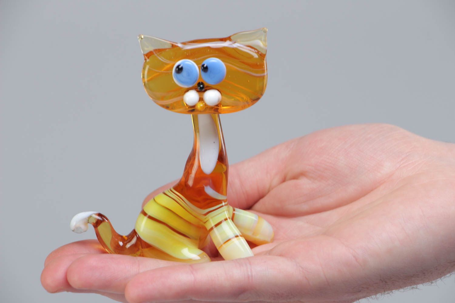 Handmade collectible lampwork glass miniature animal figurine of yellow cat photo 5