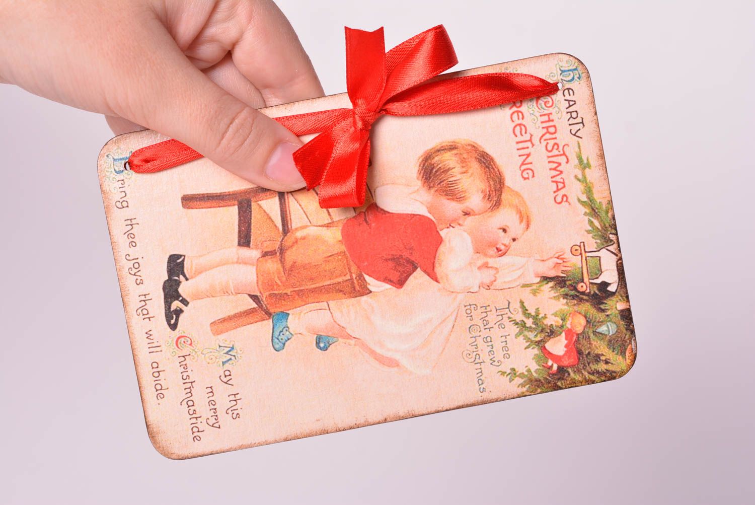 Carte de voeux Noël fait main en bois avec nœud rouge Cadeau original design photo 2
