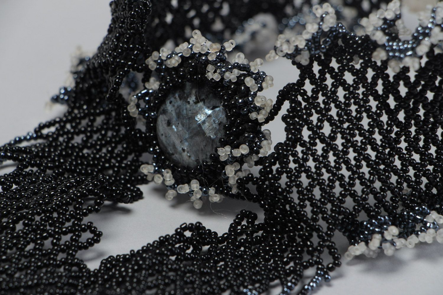 Handmade black evening beaded necklace with labradorite photo 3