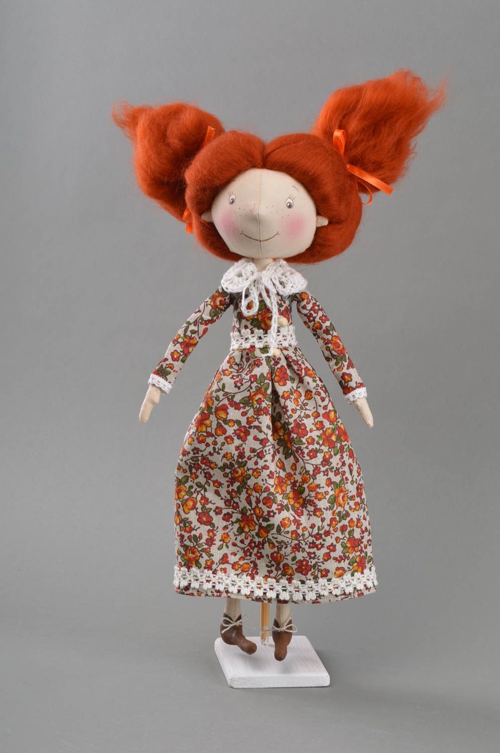 Designer handmade interior doll made of fabric on stand Red haired girl photo 1