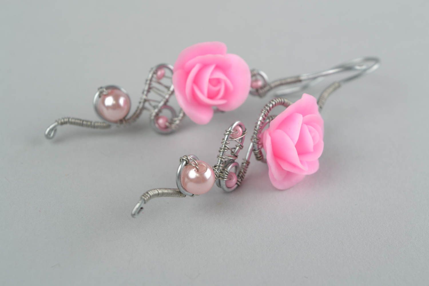 Handmade wire wrap earrings with pink polymer clay flowers Roses photo 4