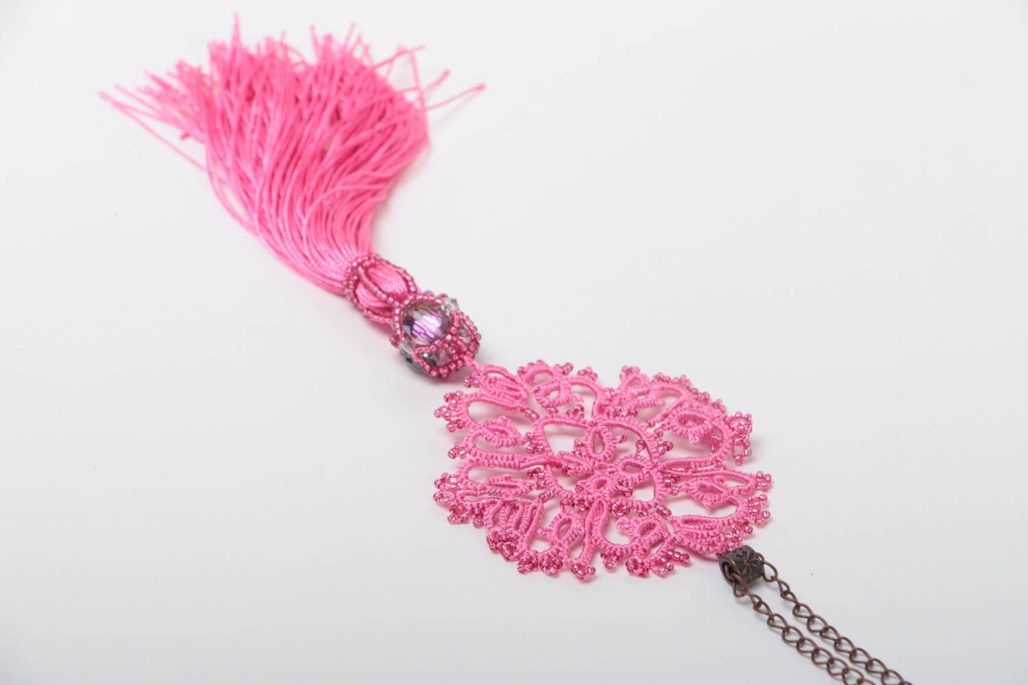 Handmade pink necklace accessory made of silk openwork designer jewelry photo 4